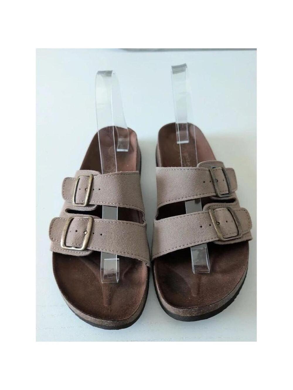 White Mountain Helga Taupe Suede Double Buckle Footbed Slide Sandals Womens 8